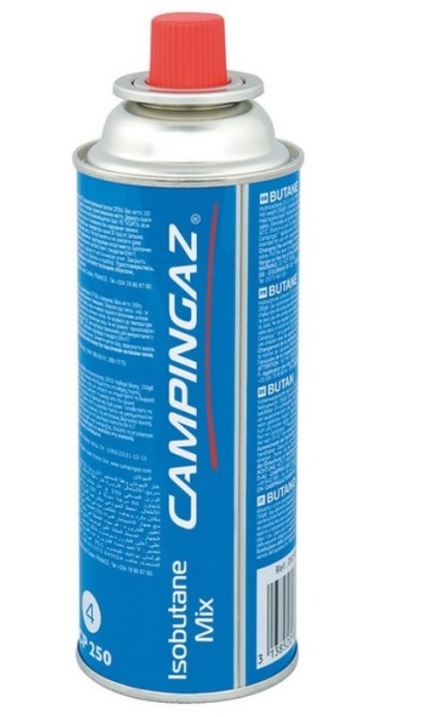 Lata azul de gás butano para camping com tampa vermelha