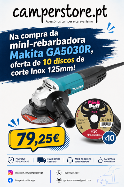 Mini-rebarbadora Makita GA5030R azul e preta com discos Pink Bull inox 125mm e texto promocional camperstore.pt