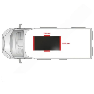 Vista superior de um veículo branco com retângulo preto e medidas 200 mm e 1135 mm