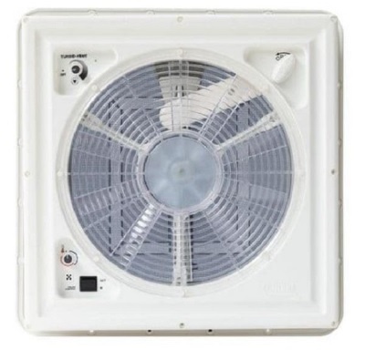 Ventoinha branca quadrada com grade circular e botões de controlo