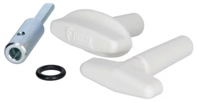 Peças de manivela branca com texto FIAMMA, peça metálica prateada e anel preto