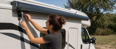 Mulher a montar toldo em autocaravana branca no exterior