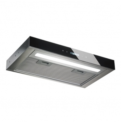 Exaustor de cozinha embutido em aço inox e vidro preto com filtro metálico e luz LED