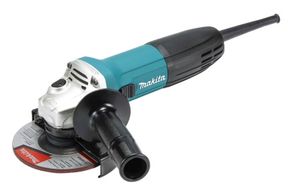 Esmeril angular Makita azul e preto com roda abrasiva e manípulo lateral preto