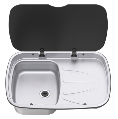 Tina de cozinha em aço inox com tampo preto aberto