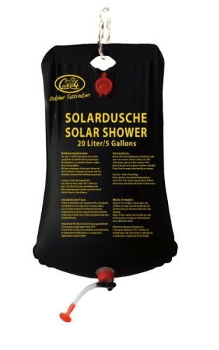 Saco preto para solar shower com texto amarelo e válvula vermelha