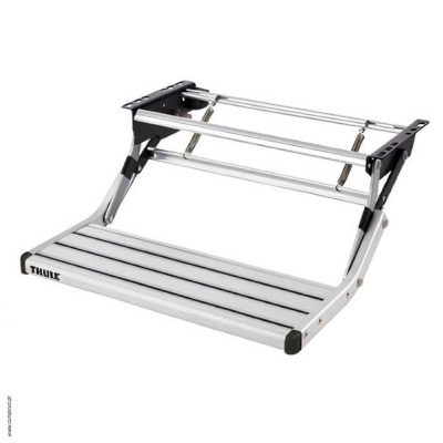 Prateleira dobrável metálica prateada e preta com marca THULE