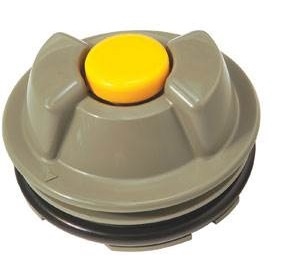 Tampão redondo cinzento com botão amarelo e anel preto