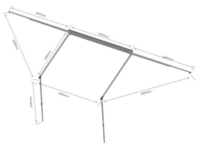 Desenho técnico de estrutura de toldo com dimensões em milímetros