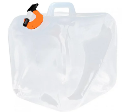 Recipiente plástico transparente com torneira laranja e preta