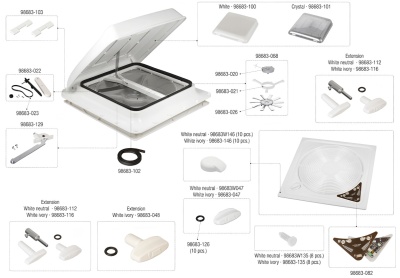 Componentes de ventilação brancos e transparentes identificados por números