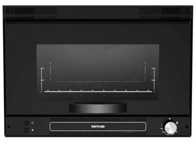 Micro-ondas preto THEFORD com botão prateado e visor transparente