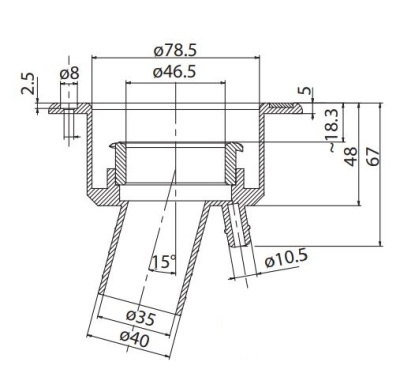 Desenho técnico com medidas de componente cilíndrico em corte