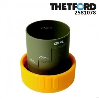 Copo medidor verde com marcações a branco e tampa amarela, texto THETFORD 2581078