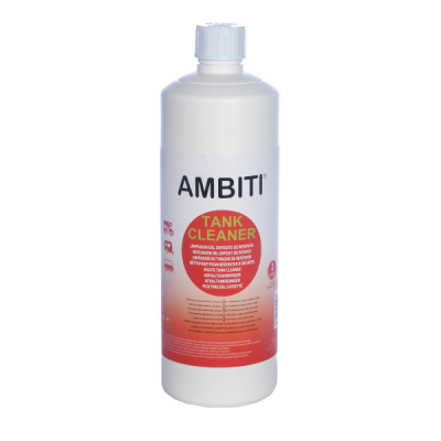 Frasco branco de plástico AMBITI TANK CLEANER com rótulo branco e vermelho
