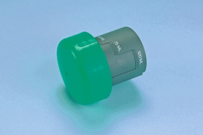 Medidor de dose em plástico cinzento com tampa verde