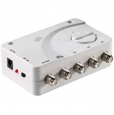 Dispositivo eletrónico branco com conectores coaxiais e interruptor