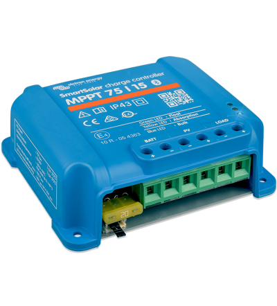 Controlador de carga azul SmartSolar MPPT 75 15 com portas verdes e fusível amarelo
