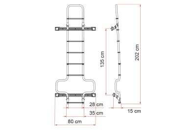 Desenho técnico de estrutura metálica com medições em centímetros.
