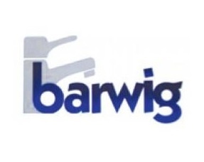 Logotipo da marca Barwig com texto azul e ícone de torneiras cinzentas