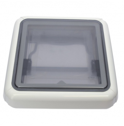 Caixa quadrada branca com tampa transparente e bordas arredondadas