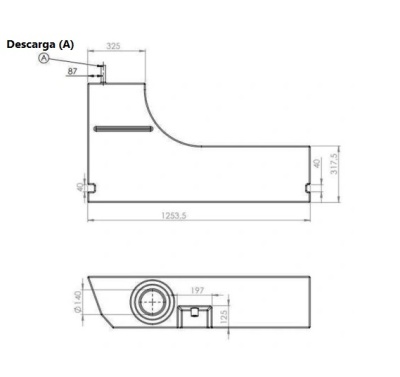 Desenho técnico de um tubo com sapata com dimensões e texto Descarga (A)