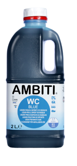 Frasco de líquido WC Blue AMBITI para depósito de resíduos, azul escuro com rótulo branco e azul