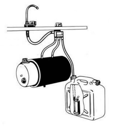Esquema técnico de sistema de aquecimento com reservatório e bidão