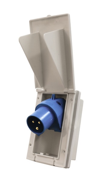 Tomada elétrica industrial azul e branca com tampa aberta