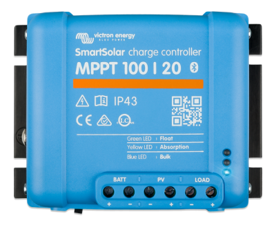 Controlador de carga azul SmartSolar MPPT 100 I 20 com texto e LEDs