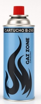 Cartucho metálico azul com tampa vermelha e texto CARTUCHO B-250 GAZ ZONE