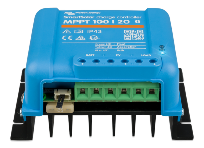 Controlador de carga azul SmartSolar MPPT 100 20 com terminais verdes e informações técnicas