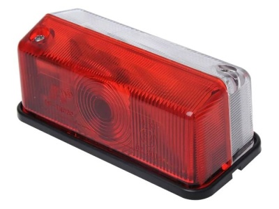 Luz traseira rectangular para veículo em plástico vermelho, branco e base preta
