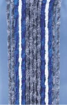 Fios de lã com texturas fofas em azul, cinza, branco e preto alinhados verticalmente