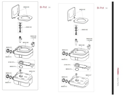 Esquemas técnicos de montagem de Bi-Pot com peças numeradas e duas versões