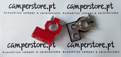 Dois terminais de bateria para camper sobre fundo branco com texto