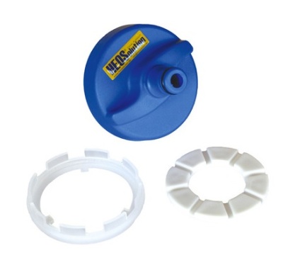 Conjunto de peças plásticas em azul e branco sobre fundo branco