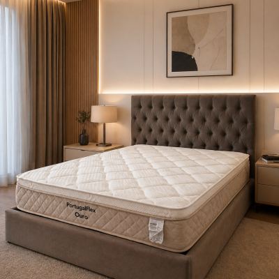 Cama com colchão PortugalFlex Ouro em quarto moderno com cabeceira cinzenta e mesas de cabeceira