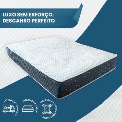 Colchão branco e cinza com texto e ícones promocionais