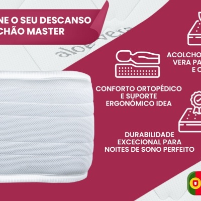 Colchão branco destacado com texto promocional em fundo bordeaux