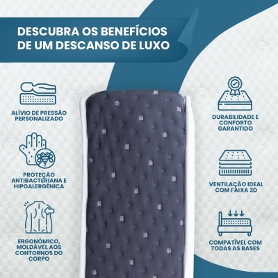 Colchão cinza escuro com padrão quadrado e texto promocional em português