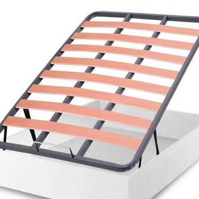 Estrado de cama articulado com estrutura preta e ripas de madeira