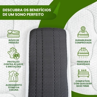 Colchão branco com centro cinza e textos sobre benefícios em verde.