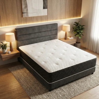 Quarto com cama de casal, cabeceira cinzenta, colchão branco e preto, mesas de madeira, lâmpadas, planta e quadro abstrato.