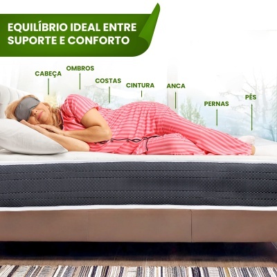 Pessoa deitada de lado numa cama com colchão cinzento escuro e branco e pijama riscado cor de rosa.