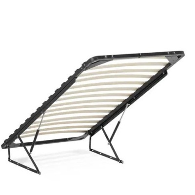 Estrado de cama em metal preto com lâminas de madeira curvas claras