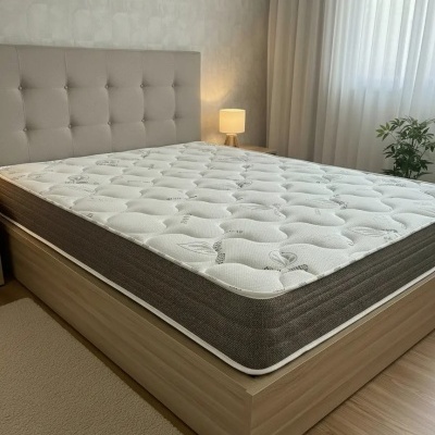 Colchão branco acolchoado sobre cama de madeira com cabeceira estofada e candeeiro ao lado