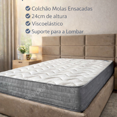 Colchão viscoelástico de molas ensacadas branco e cinza numa cama estofada bege num quarto confortável
