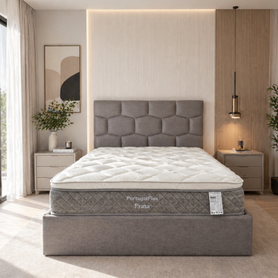 Cama cinzenta com colchão PortugalFlex Prata e cabeceira estofada com padrão geométrico