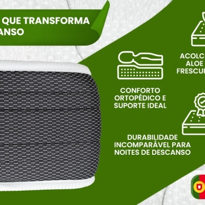 Colchão cinza com bordas brancas e texto promocional em português sobre características do produto